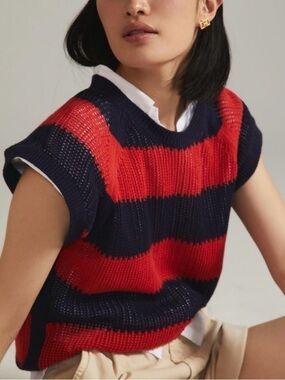 CLARE V. Raglan Sweater Vest Navy Poppy Open Weave Knit Size Small